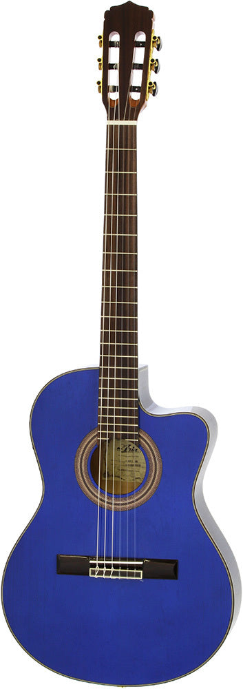 Aria A48 Series AC/EL Classical/Nylon String Thin Body Guitar with Cutaway in See-Thru Blue