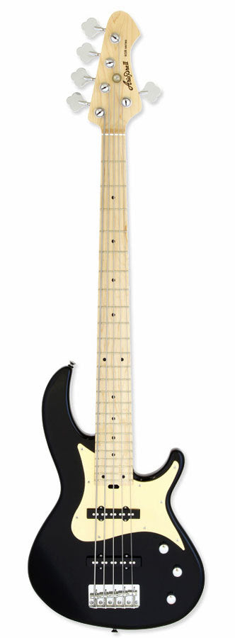 Aria RSB Series Pro-II 5-String Electric Bass Guitar in Black with Gold Pickguard