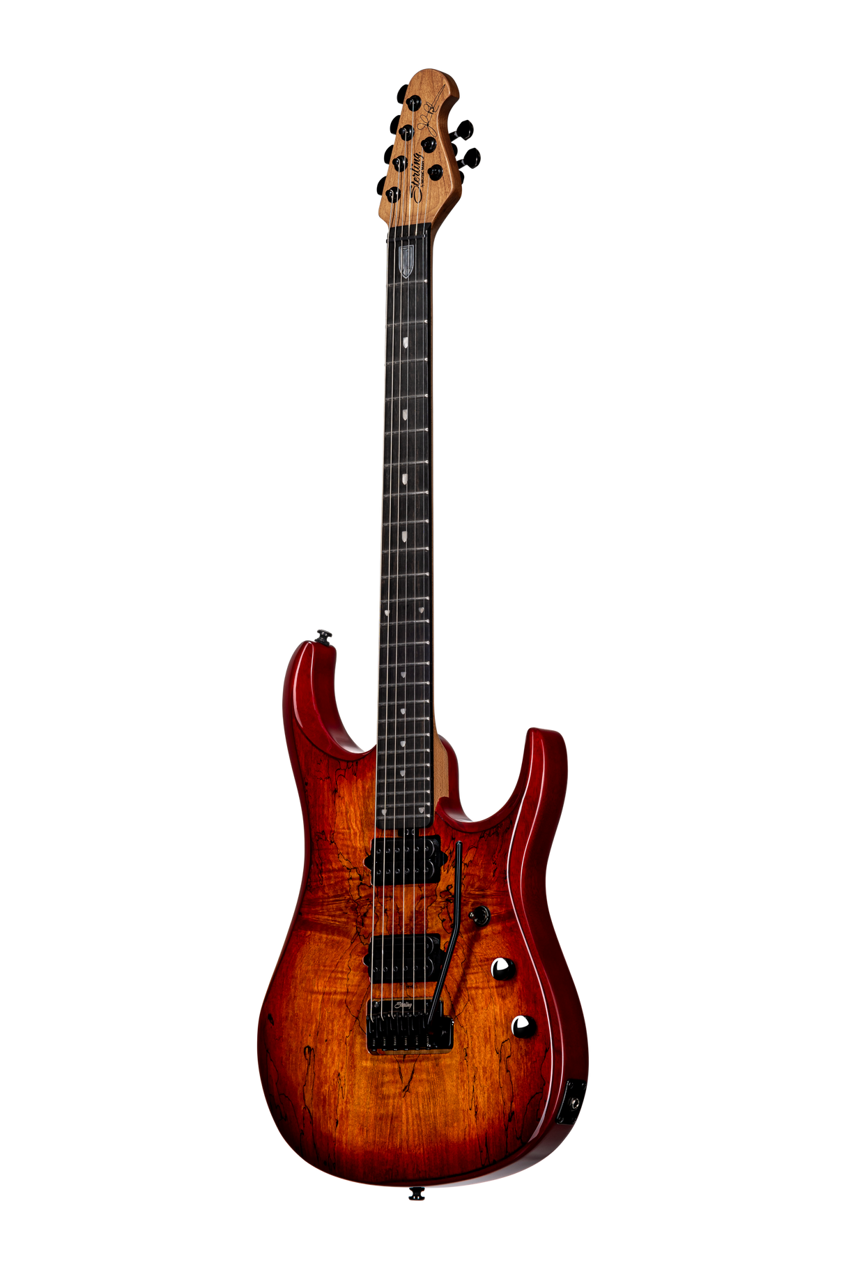 Sterling By Music Man JP150D Spalted Maple Guitar in Blood Orange Burst