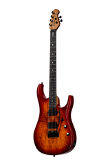 Sterling By Music Man JP150D Spalted Maple Guitar in Blood Orange Burst