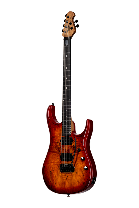 Sterling By Music Man JP150D Spalted Maple Guitar in Blood Orange Burst