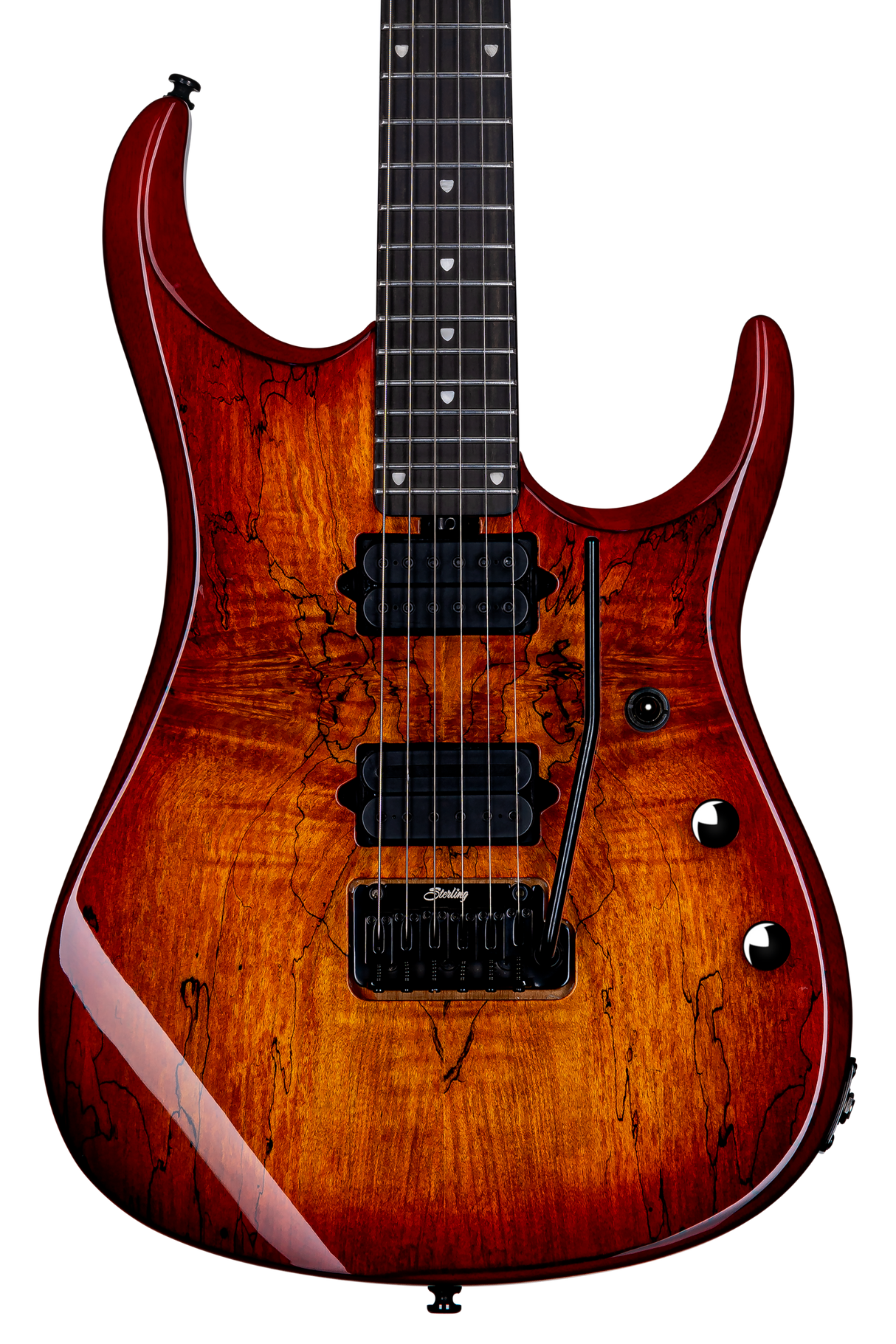 Sterling By Music Man JP150D Spalted Maple Guitar in Blood Orange Burst