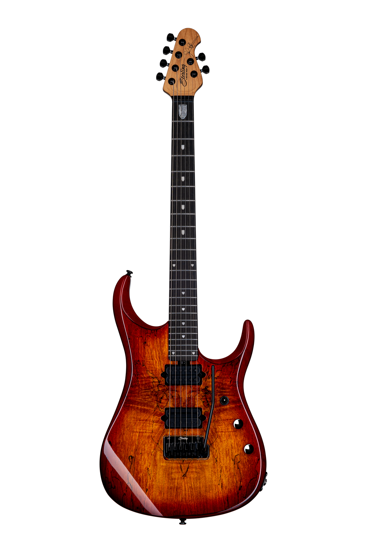 Sterling By Music Man JP150D Spalted Maple Guitar in Blood Orange Burst