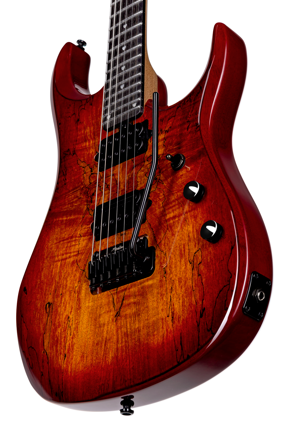 Sterling By Music Man JP150D Spalted Maple Guitar in Blood Orange Burst