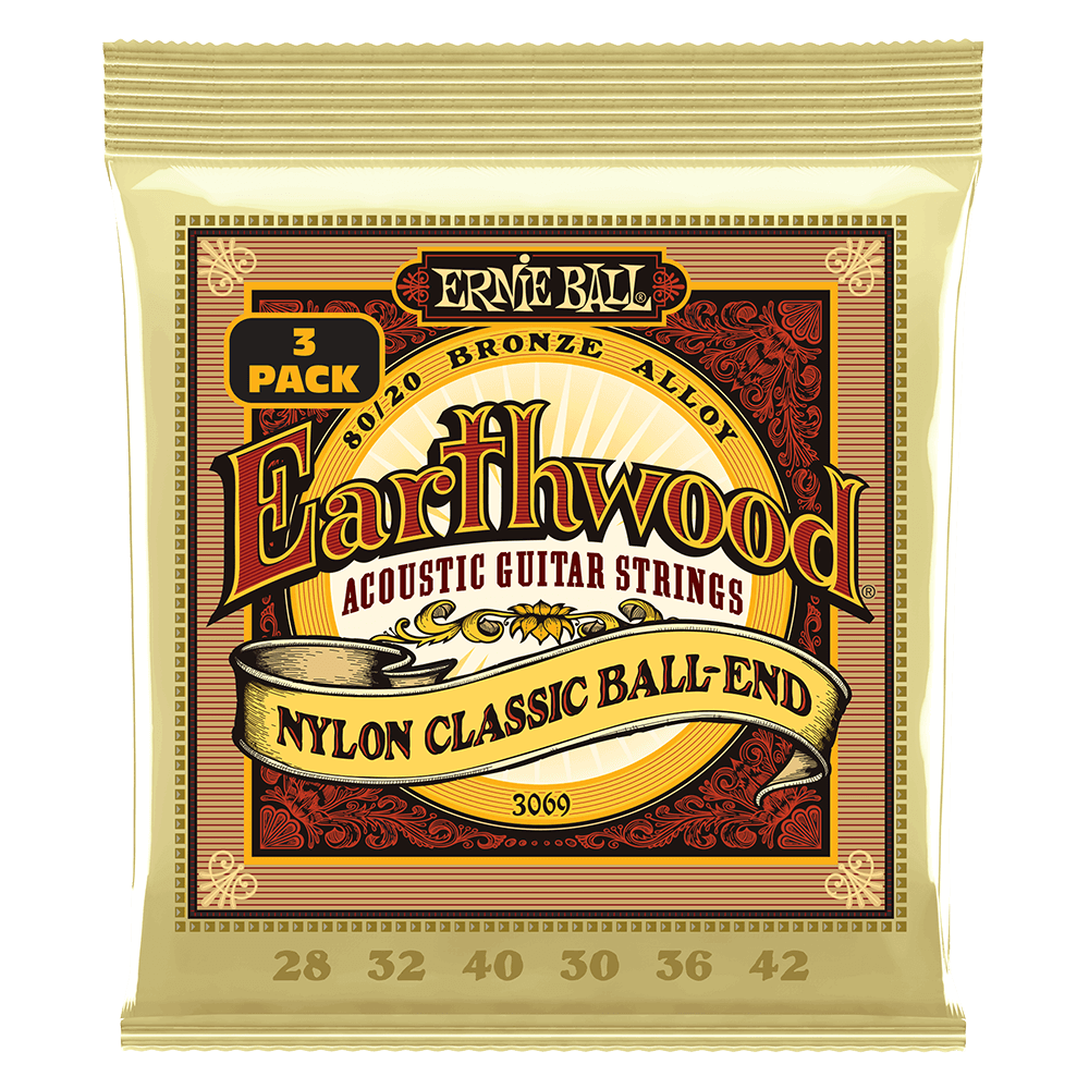 Ernie Ball Earthwood Folk Nylon, Clear and Gold w/Ball End, 8020 Brnz Ac Gtr Strings 3 Pk 28 42