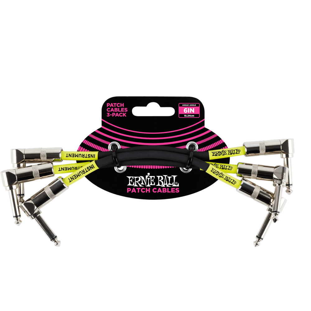 Ernie Ball Angle Patch Cable 3 Pack, Black, 15cm Length