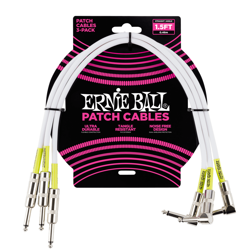 Ernie Ball Straight / Angle Patch Cable 3 Pack, White, 45 cm Length