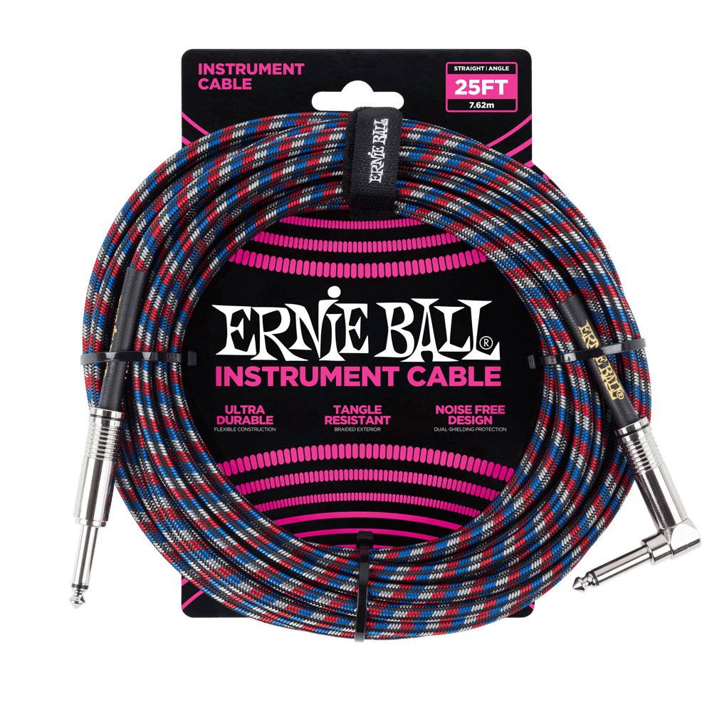 Ernie Ball 7.5 Meter Braided Straight / Angle Instrument Cable, Black / Red / Blue / White