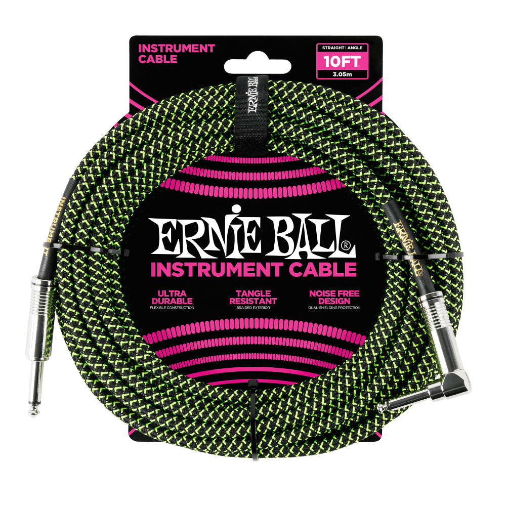 Ernie Ball 3 Meters Braided Straight / Angle Inst Cable, Black/Green