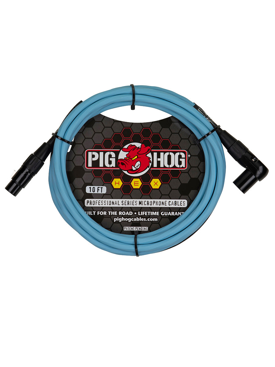 Pig Hog Hex Series Mic Cable, 10ft - Daphne Blue - Right Angle