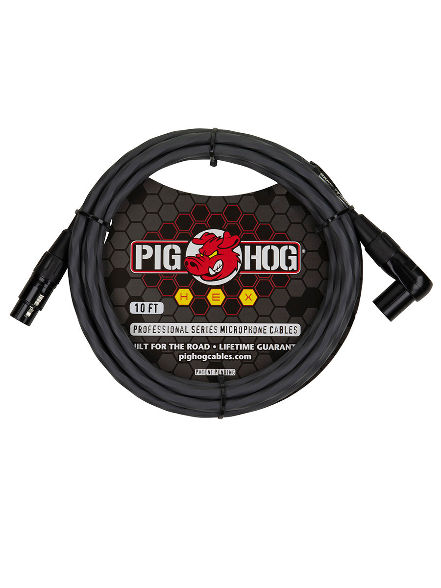 Pig Hog Hex Series Mic Cable, 10ft - Grey - Right Angle