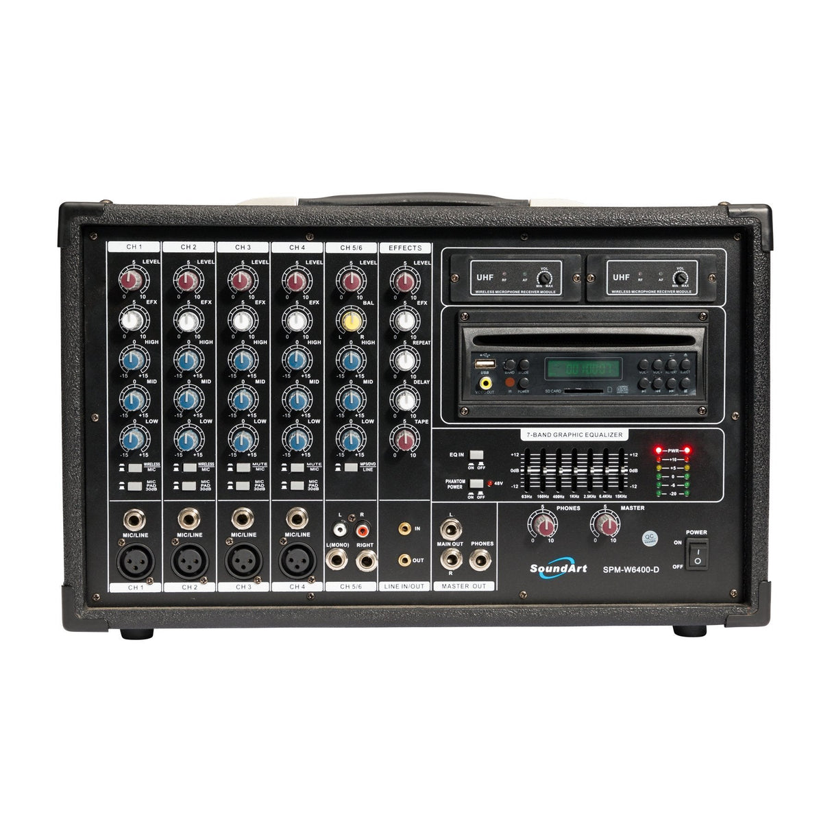 SoundArt 6 Channel 400 Watt Dual Wireless Powered Mixer PA System with DVD Player-SPM-W6400D