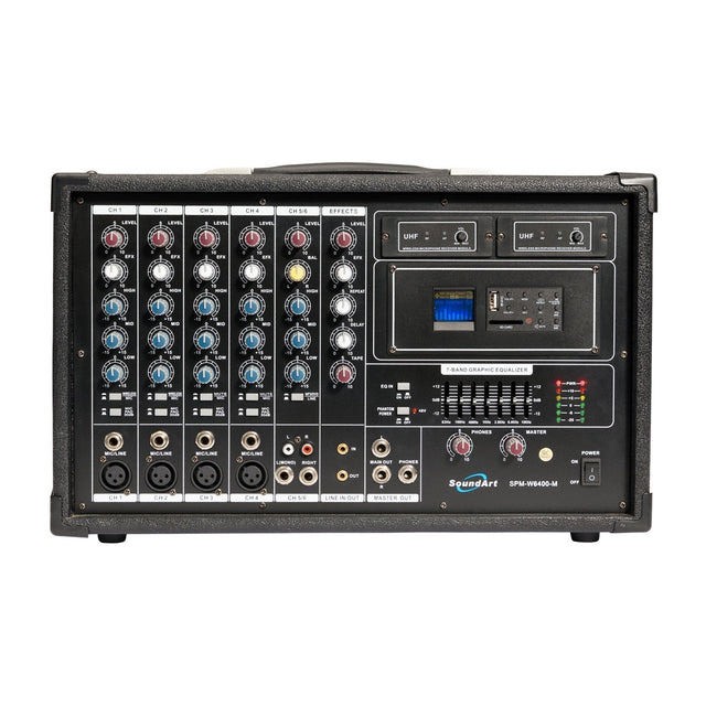 SoundArt 6 Channel 400 Watt Dual Wireless Powered Mixer PA System with MP3 Player-SPM-W6400M