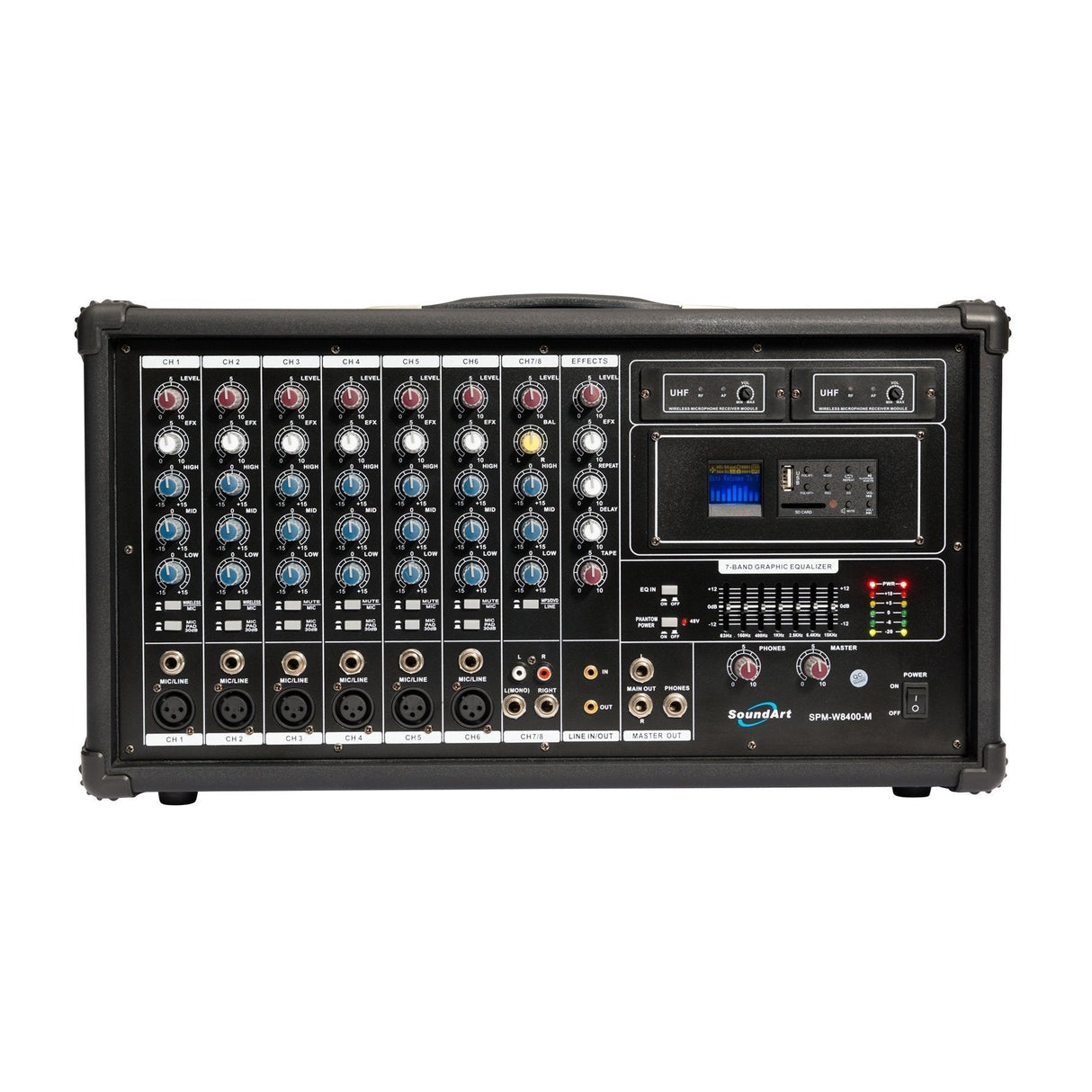 SoundArt 8 Channel 400 Watt Dual Wireless Powered Mixer PA System with MP3 Player-SPM-W8400M