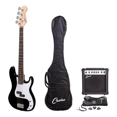 Casino P-Style Electric Bass Guitar and 15 Watt Amplifier Pack (Black)-CP-PB21-BLK