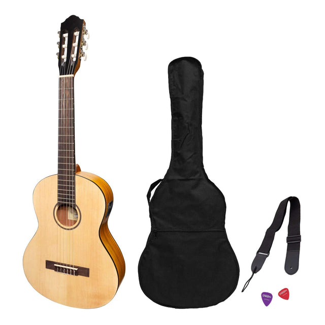 Martinez Left Handed 3/4 Size Student Classical Guitar Pack with Built In Tuner (Spruce/Koa)-MP-34TL-SK